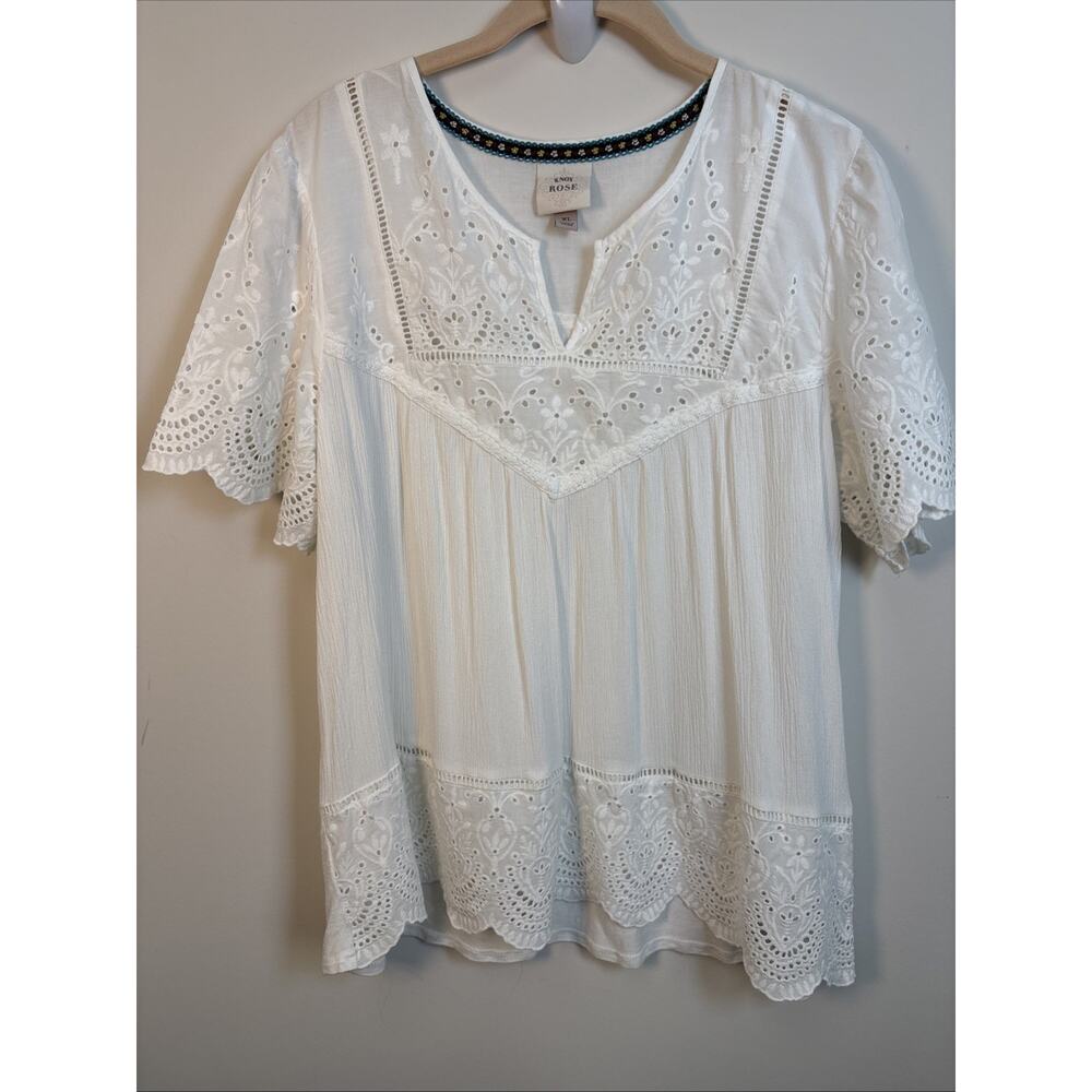 Knox Rose XL White Eyelet Boho Peasant Tunic Top Short Sleeve Eyelet Embroidery